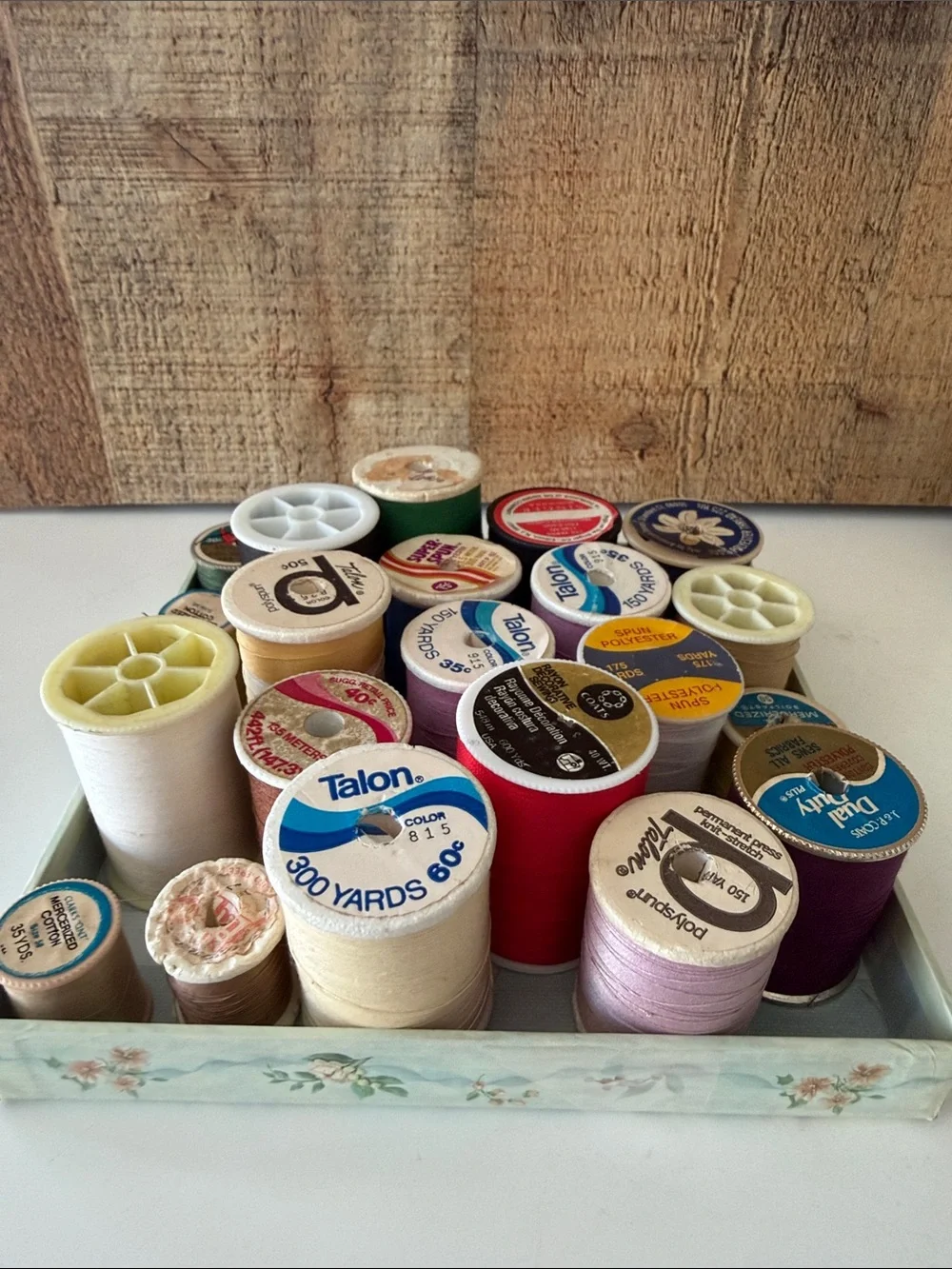 Floral Storage Box - Blue Cream with assorted random thread spools